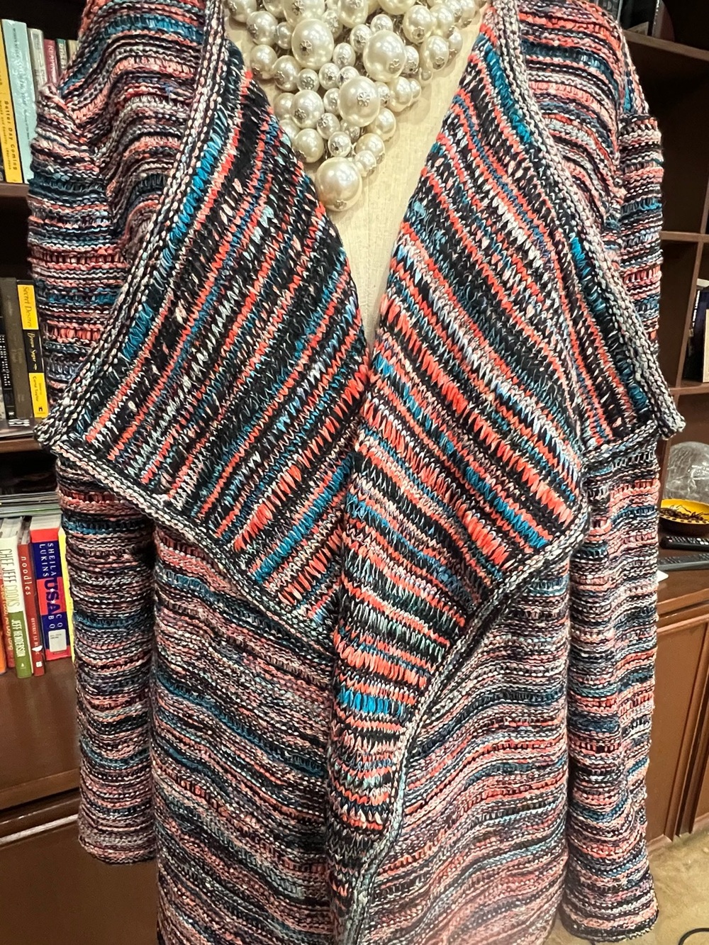 St. John Multicolor Striped Open-Front Cardigan in Coral, Teal & Black